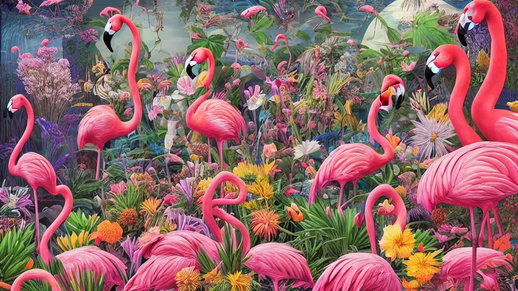 Image similar to highly detailed oil painting of neon flamingo surrounded by all the known species of flowers by olaf hayek, by moebius, by oliver vernon, by joseph moncada, by damon soule, by manabu ikeda, by kyle hotz, by dan mumford, by kilian eng