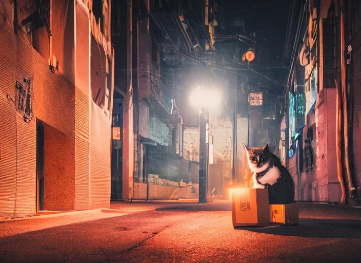 Image similar to photography of a Cat sitting on a box. in a cyberpunk street, award winning photo, led lighting, night, 24mm, sharp, high res