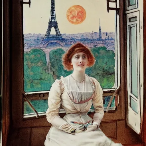 Prompt: a young edwardian woman sits in a window overlooking paris with the eiffel tower visible in the background, the moon is behind the eiffel tower, it's nighttime, in the style of Carl Larsson