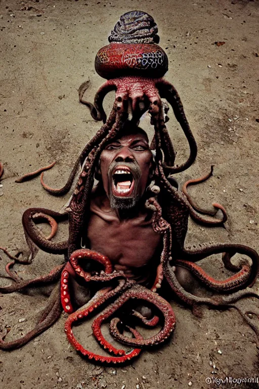 Prompt: A wideangle colorchrome shot of a old screaming voodoo priest with a octopus on his head and the tentacles around his body, low light, style by Steve McCurry, scary, evil looking, wide angle shot