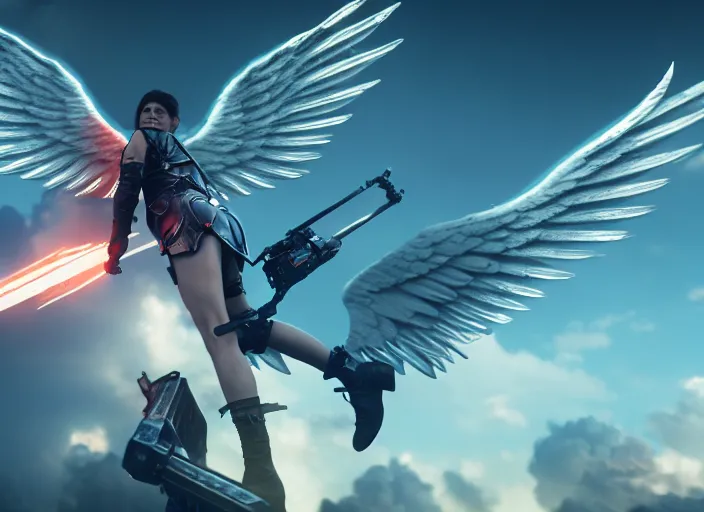 Prompt: an angel holding a massive detailed electric broadsword while flying above a battleground, ultra realistic vfx, reflections, unreal engine, octane render, ray tracing, highly detailed, high quality, uhd, 8 k resolution