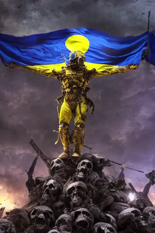 Prompt: A distant view front shot of the last human soldier with a Ukrainian flag behind him while he is standing on a huge pile of skulls in triumph after the battle, head is up, flag in hands, dark atmosphere, bright rays of light from the sky, beams of light, intricate, volumetric lighting, neon blue and yellow lights, highly detailed, smooth, artstation, concept art, сinematic lighting, insanely detailed, smooth, sharp focus, Artstation, 8k, unreal engine, hyper-realistic, bright background, moonlight, volumetric lighting, wallpaper, digital illustration by Ruan Jia and Mandy Jurgens and Artgerm and Wayne Barlowe and Greg Rutkowski and Frank Frazetta