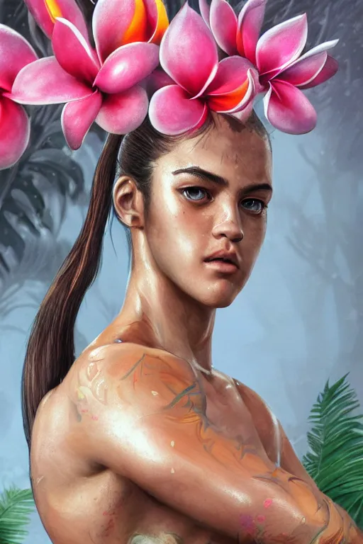 Prompt: ultra realistic illustration, portrait of a boxer plumeria tropical bouquet background, close up shot, fantasy, intricate, elegant, highly detailed, digital painting, artstation, concept art, smooth, sharp focus, illustration, surrealism