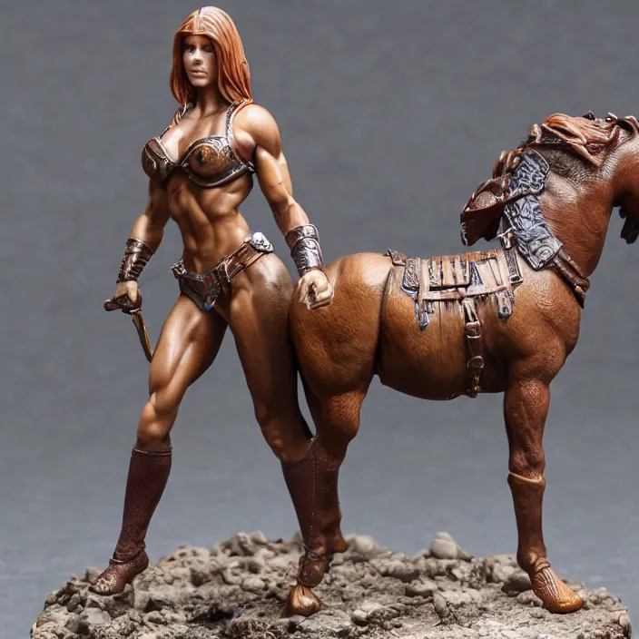 Image similar to 80mm resin detailed miniature of a Muscular Woman warrior standing next to a Horse, Product Introduction Photos, 4K, Full body, simple background