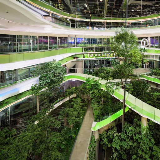 Prompt: an abandoned vaporware mall with growing vegetations