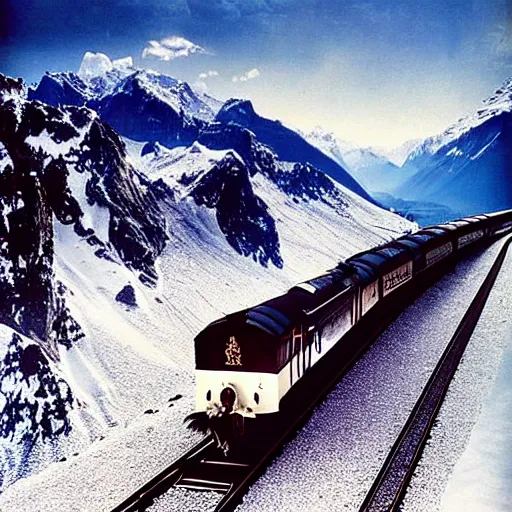 Image similar to Stunning photograph of The Orient Express navigating The Alps by genius photographer Hercule Poirot