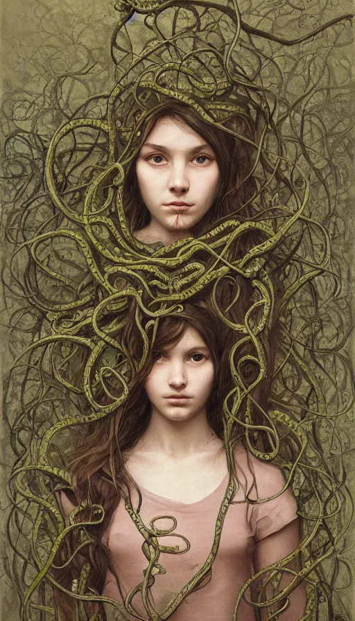 Prompt: very detailed portrait of a 2 0 years old girl surrounded by tentacles, the youg woman visage is blooming from fractal and vines, by jakub rozalski