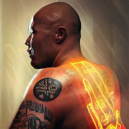 Prompt: A portrait of a dark skinned monk covered in runic tattoos, he is surrounded by glowing floating magical runes, digital art by Ruan Jia