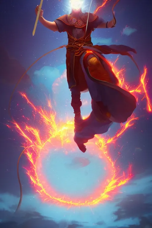 Image similar to levitating mage wielding a spear opening a shining portal pulsating in the night sky, horizon of an erupting volcano, trending on artstation, cgsociety, behance hd