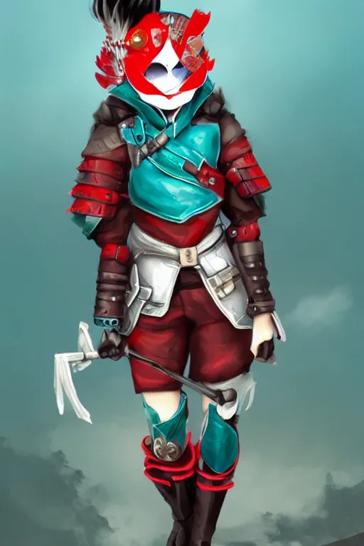 Prompt: female adventurer in tight full - body teal leather armor of japanese design with red accents and a white porcelain crow mask, trending in artstation, japanese, artstation, big moon in the background, establishing shot