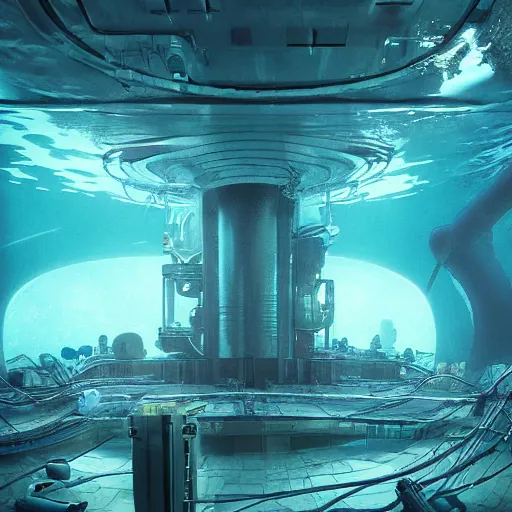 Prompt: underwater spy facility in atlantic the hidden city, intricate artwork, by tooth wu, wlop, beeple, dan mumford. concept art, octane render, trending on artstation, greg rutkowski very coherent symmetrical artwork. key art, high detail, octane render, 8 k, iridescent accents