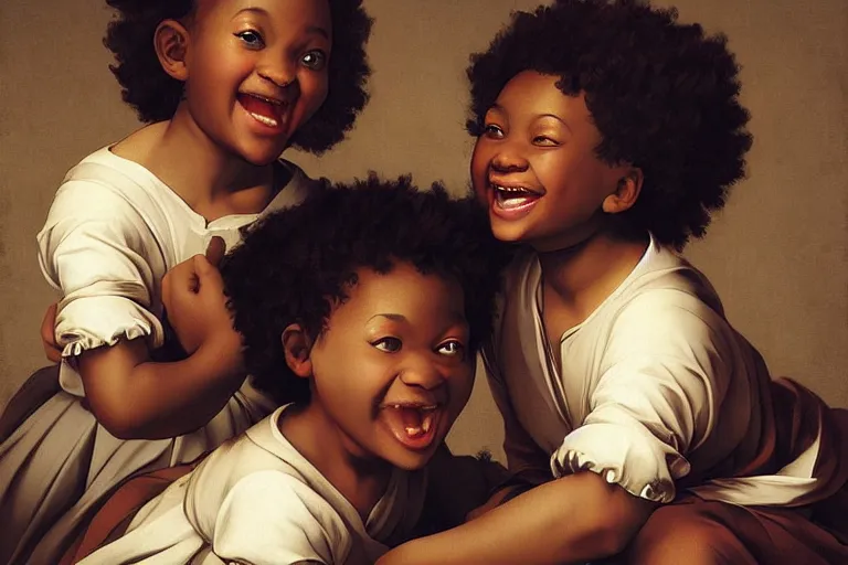 Prompt: carefree black children playing smiling and laughing surrounded, digital renaissance painting by artgerm by caravaggio and face by wlop