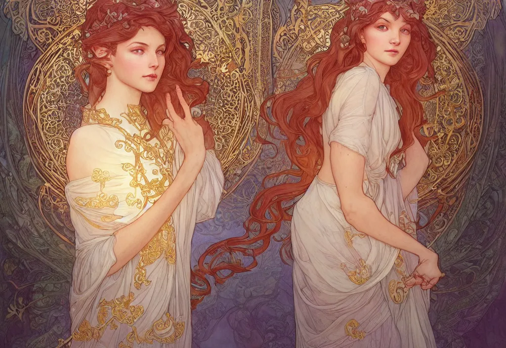 Image similar to an angel, highly detailed, very intricate, art nouveau, gold filigree, romantic storybook fantasy, soft cinematic lighting, award - winning, disney concept art watercolor illustration by mandy jurgens and alphonse mucha and alena aenami, pastel color palette, featured on artstation