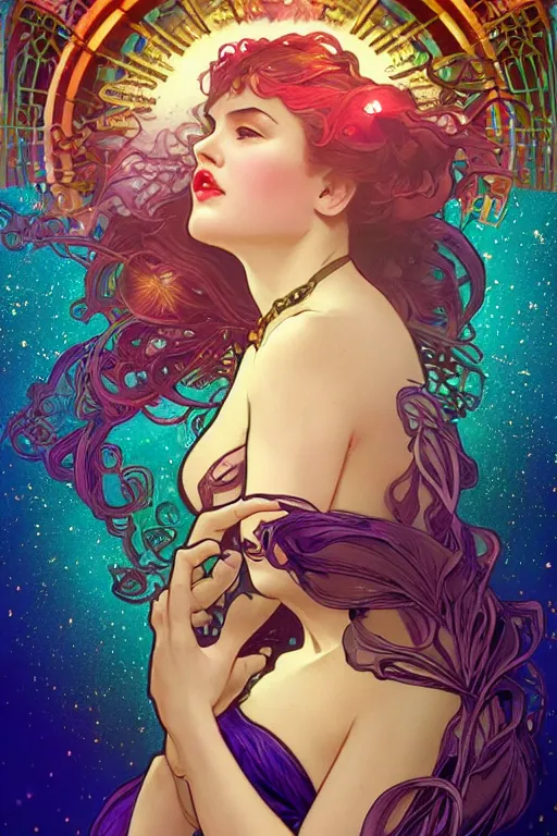 Prompt: she dreams of arcs of purple flame intertwined with glowing sparks, glinting particles of ice, dramatic lighting, steampunk, bright neon, secret holographic cyphers, red flowers, solar flares, high contrast, smooth, sharp focus, art nouveau, intricate art by artgerm and Alphonse Mucha