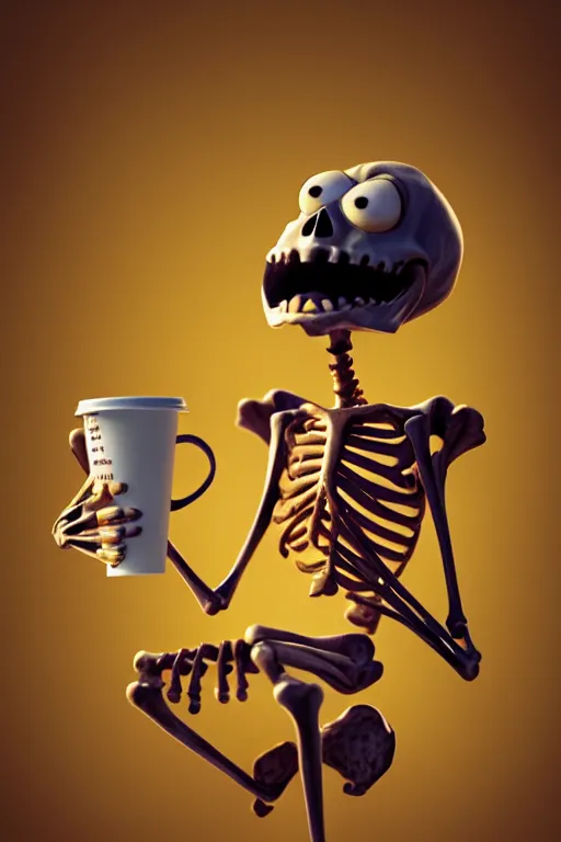 Prompt: a funny skeleton character with big eyes holding a cup of coffee on a cemetery at night. pixar disney 4 k 3 d render funny animation movie oscar winning trending on artstation and behance. ratatouille style.