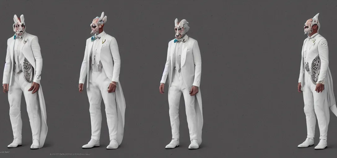 Image similar to character sheet concept art of a galaxy skin wearing a white tuxedo, realistic, hyperrealistic, photographic, costume, wlop, dan mumford, greg rutkowski, high detail, octane render, alexander mcqueen, james gurney, james jean, mucha, photo, 8 k, intricate