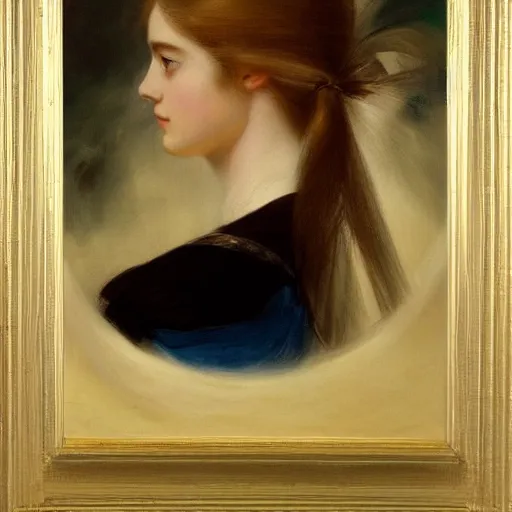Image similar to professional painting of Elle Fanning in the style of Thomas Lawrence, head and shoulders portrait, symmetrical facial features, smooth, sharp focus, illustration, intricate, stormy weather, extremely detailed masterpiece,