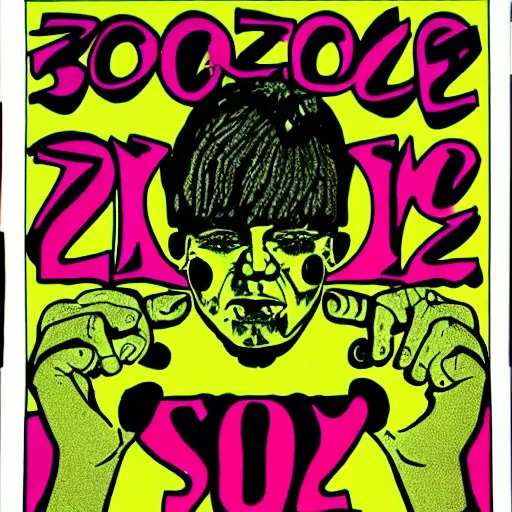 Image similar to Fillmore concert poster for The Bozone April 20, 1969 by Victor Moscoso and S. Clay Wilson, psychedelic, day-glo colors, flowing lettering