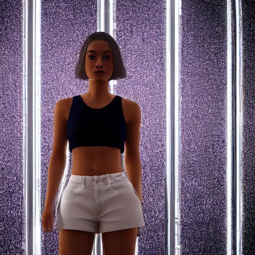 Prompt: a woman in a crop top and shorts, standing in a room with mirrors on every surface, reflections, shiny, highly detailed, 8k, octane render, hyperrealistic