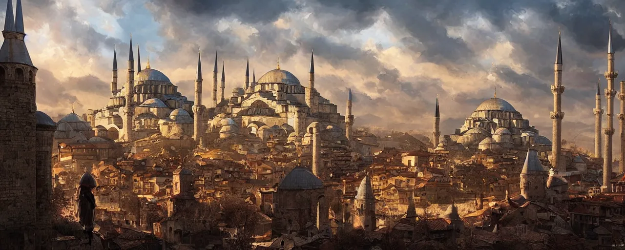 Prompt: medieval istanbul with ottoman soldiers scenery landscape, lord of the rings,, rule of thirds, highly detailed, perfect lighting, perfect composition, 4 k, artgerm, derek zabrocki, greg rutkowski