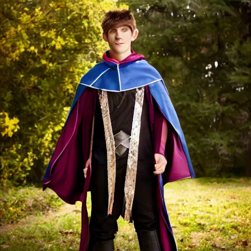 Image similar to a photorealistic male teenager wearing wizard outfit, sharp focus, photograph