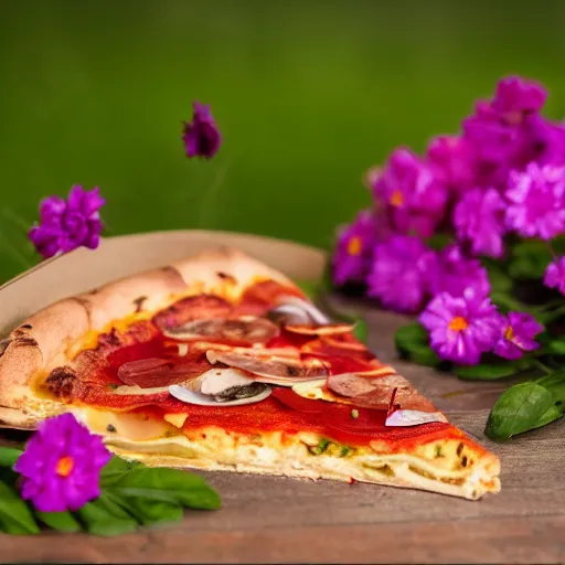 Image similar to A slice of pizza laying on a nice flowery field, realistic, ultra high detail, 8k, close up.