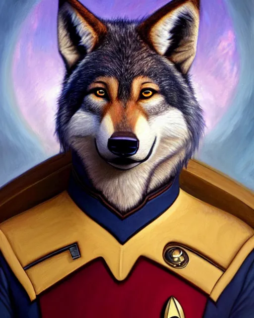 Image similar to painting of anthromorphic male wolf in starfleet uniform, star trek, zootopia, fursona, furaffinity, 4 k, deviantart, furry art, very expressive detailed face, gaston bussiere, craig mullins, jc leyendecker, gustav klimt, artgerm, greg rutkowski, alphonse mucha