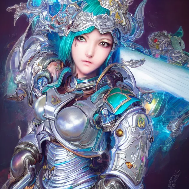 Image similar to studio portrait of lawful good colorful female holy mech paladin as absurdly beautiful, elegant, young sensual anime girl, ultrafine hyperrealistic detailed face illustration by kim jung gi, irakli nadar, intricate linework, sharp focus, bright colors, matte, octopath traveler, final fantasy, unreal engine highly rendered, global illumination, radiant light, intricate environment