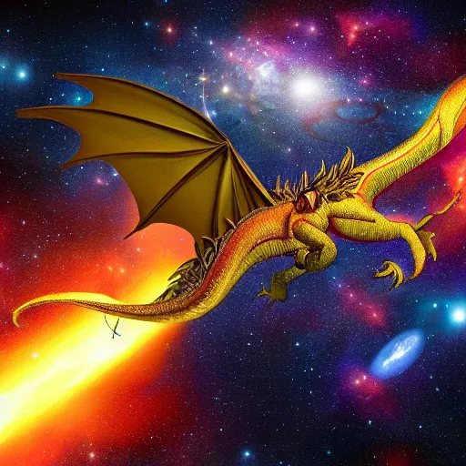 Image similar to a real dragon flying through space, galaxies, dlsr camera, hyper realistic, high definition, 4k