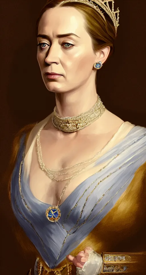 Image similar to portrait of emily blunt as queen victoria, jewelry, greek, sapphire, victorian age, 1 8 9 0, intricate, headshot, key visual, conceptart, ambient lighting, highly detailed, digital painting, artstation, concept art, sharp focus, by makoto shinkai and akihiko yoshida and greg manchess