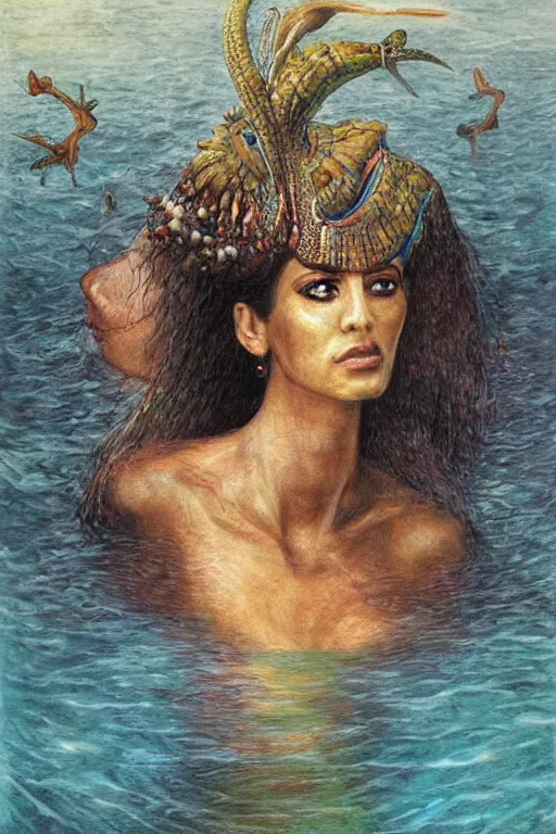 Image similar to painting of Egyptian Mother Nature in a lake, inspired by Gustav Moreau and Wayne Barlowe, exquisite detail, hyper realism, ornate, exquisite detail, cute face