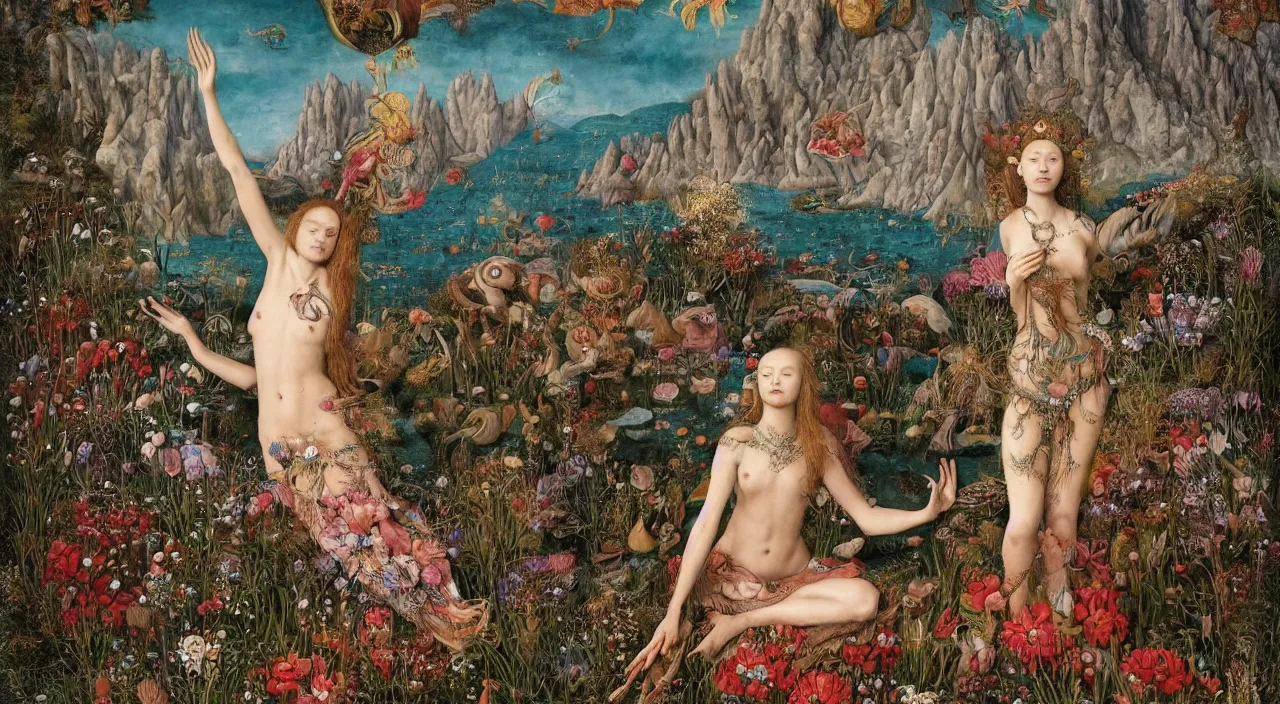 Image similar to a meditating druid mermaid surrounded by flowers. her skin is covered in scales and feathers. landscape with mountains, river and burning stars. painted by jan van eyck, max ernst and ernst haeckel, trending on artstation, 8 k, award winning, hard lighting, fashion editorial, mythology, photorealistic, ernst fuchs, bodhisattva, burning fires