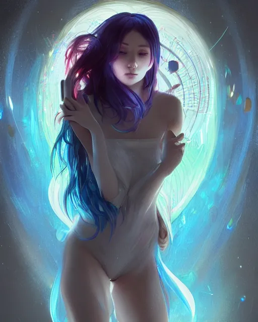 Image similar to stunningly beautiful female blue hair, dj sura, laser lights background, sharp focus, digital painting, 8 k, concept art, art by wlop, artgerm, greg rutkowski and alphonse mucha