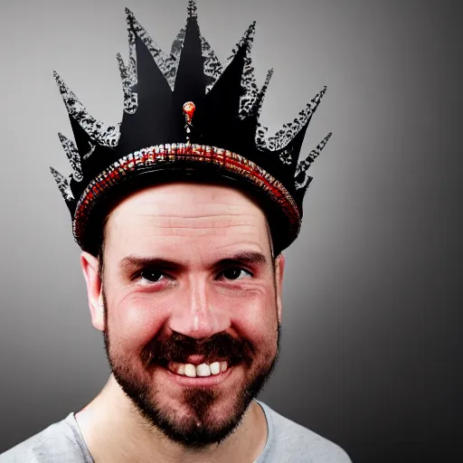 Image similar to man with a crown, smirk, photograph, black backgrounds, red eyes