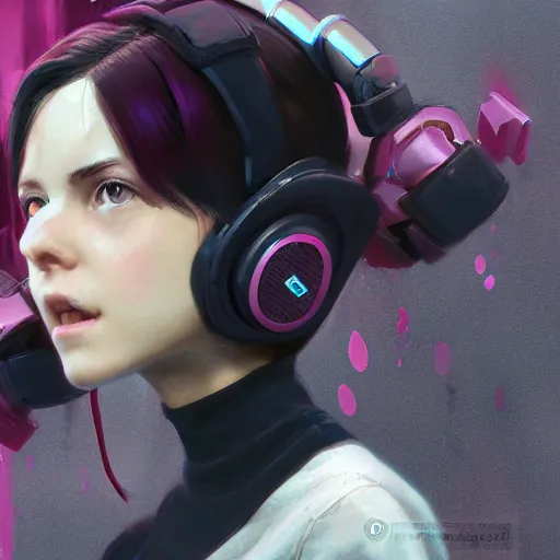 Image similar to a girl with pink and black hair wearing earmuffs and with bionic eyes, digital art, 8 k resolution, unreal engine, highly detailed, very detailed eyes, photorealistic by wlop, greg rutkowski