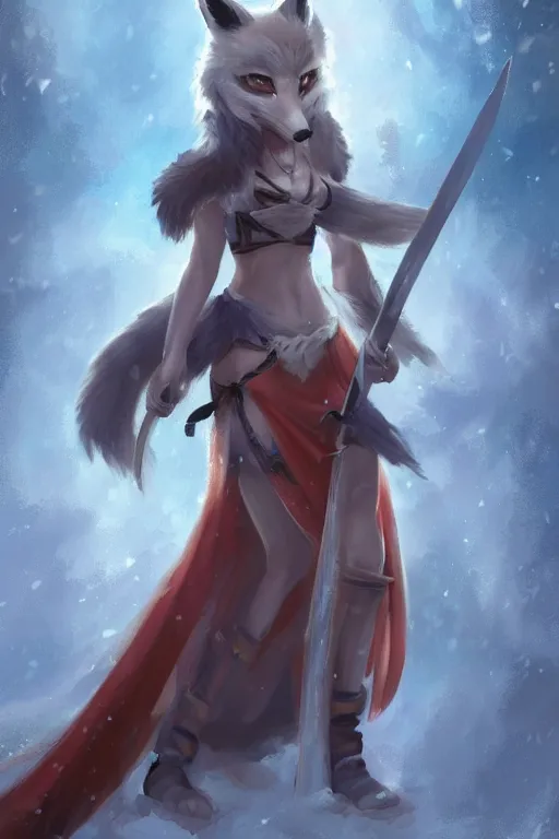 Image similar to a fox warrior princess holding a sword, snow, backlighting, trending on artstation, digital art, by kawacy, furry art