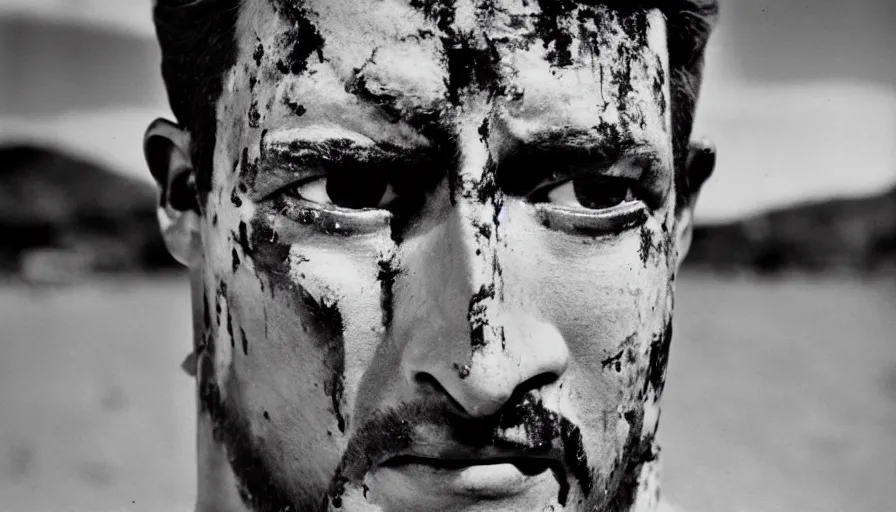 Prompt: 1 9 6 0 s movie still of marcus atilius regulus tied at pole with blood flowing off his eyes, the sun reflect in his eyes, cinestill 8 0 0 t 3 5 mm b & w, high quality, heavy grain, high detail, texture, dramatic light, anamorphic, hyperrealistic, detailed hair