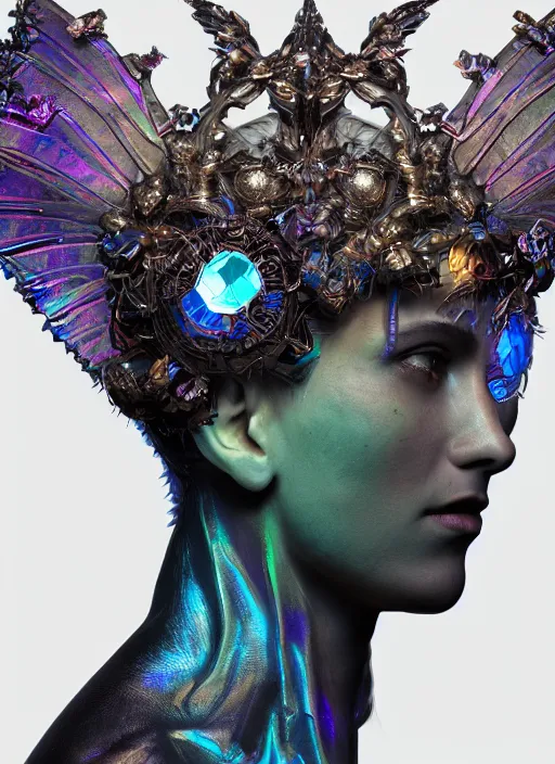 Image similar to a hybrid humanoid androgyne muse with recursively horned wing crown attached to side of xenopunk head, concept art, sculpted iridescent optical mineralogy features, intricate detail, holographic, pixel sorting, style by James Jean, circuitry, organic detail, asymmetry, cinematic, epic wide shot, ultra detailed, artstation, sharp focus,smooth, cinematic lighting, cinematic detail, composition, photorealistic, render in unreal engine 5, golden ratio, 8k render