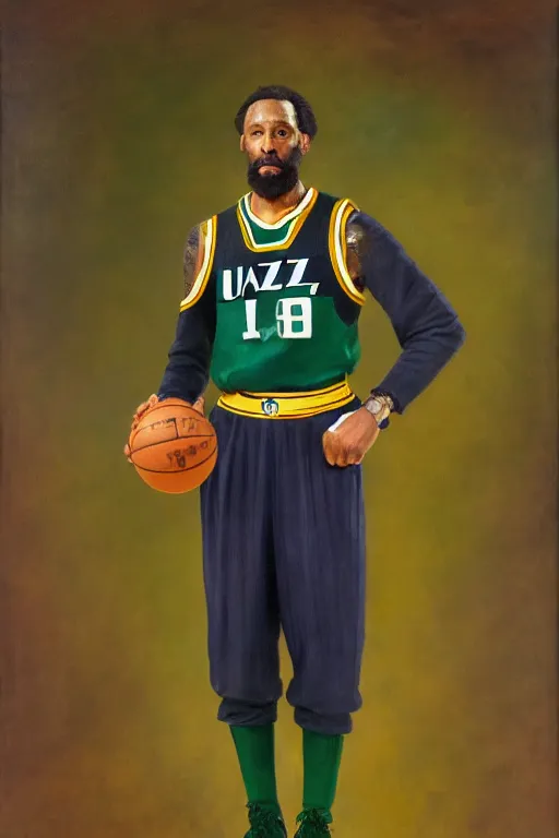 Image similar to full body portrait of the dictator of the nba utah jazz, 1 8 8 9, in full military garb, navy, green, yellow, oil on canvas by william sidney mount, trending on artstation