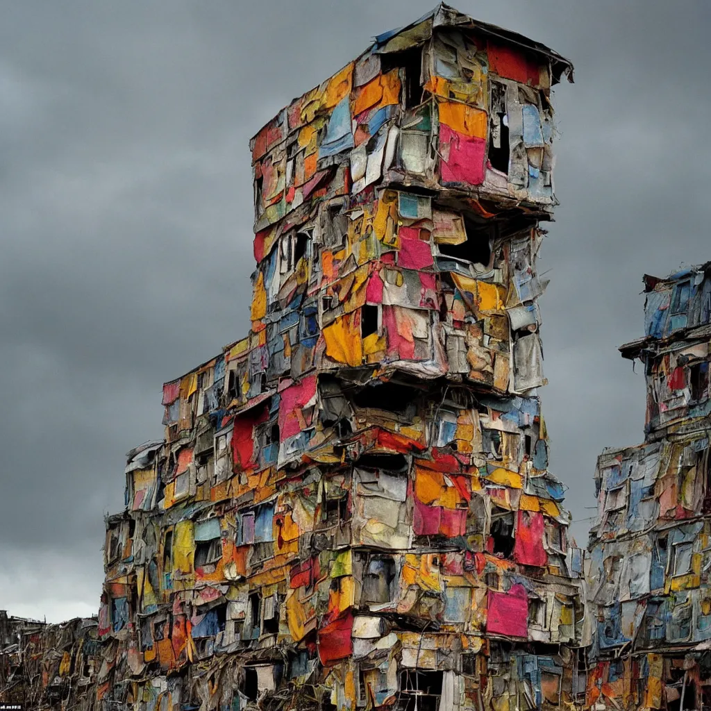 Image similar to close - up view of a tower made up of colourful makeshift squatter shacks, bleached colours, moody cloudy sky, dystopia, mamiya, f 1 1, very detailed, photographed by bruno barbey