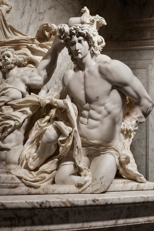 Prompt: epic and dramatic view of dressed roman god sculpting himself statue made in tannish polished marble, carrara marble wall i the background, realistic and ultra detailed by bernini, 8 k