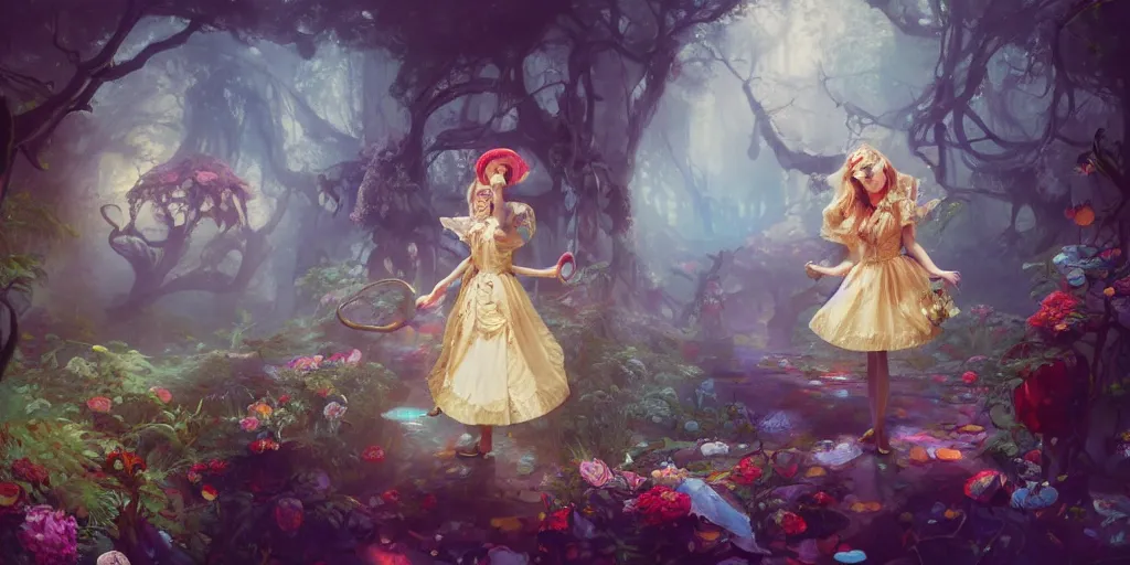 Prompt: a beautiful insanely intricate oil painting of alice in wonderland, reflexions, colorfull, by william turner art, by greg rutkowski, by james jean, by rossdraws, by frank franzzeta, by sakimichan, trending on artstation, insanely detailed illustration, thin contur lines, masterpiece, octane render, 8 k