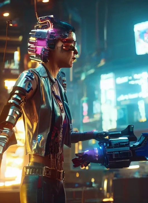 Image similar to film still of Kathryn Celestre as Johnny Silverhand in Cyberpunk 2077, gameplay, 8k, HD