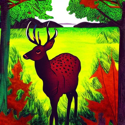 Prompt: a deer drinking by a river in the forest, pop art, mainly red and green