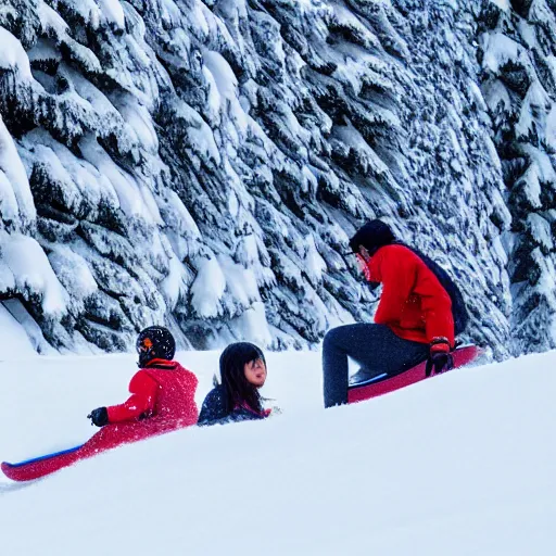 Image similar to Pogg and Yuurei sledding in Canada, 4k, sharp focus, greg rutkowski