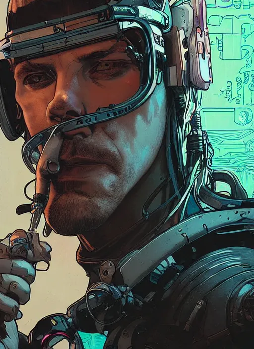 Prompt: cyberpunk neurosurgeon. portrait by ashley wood and alphonse mucha and laurie greasley and josan gonzalez and james gurney. splinter cell, apex legends, rb 6 s, hl 2, d & d, cyberpunk 2 0 7 7. realistic face. character clothing. vivid color. dystopian setting.