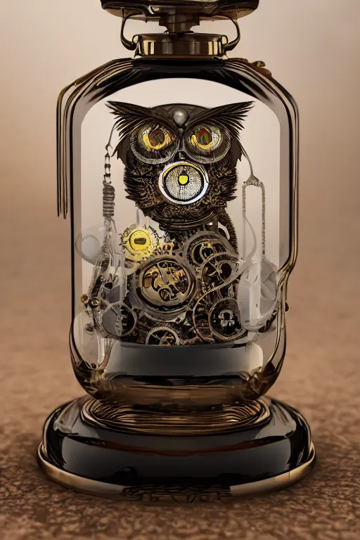 Prompt: steampunk glowing eyes owl inside a glass jar, swiss rolex gear glowing vacuum tubes pocketwatch hourglass intricate detail, hyper detailed, ultra realistic, sharp focus, octane render, lantern, volumetric, ray tracing, artstation trending, moon, pocketwatch, cgsociety, swirling mist, magical, moon, 4 k