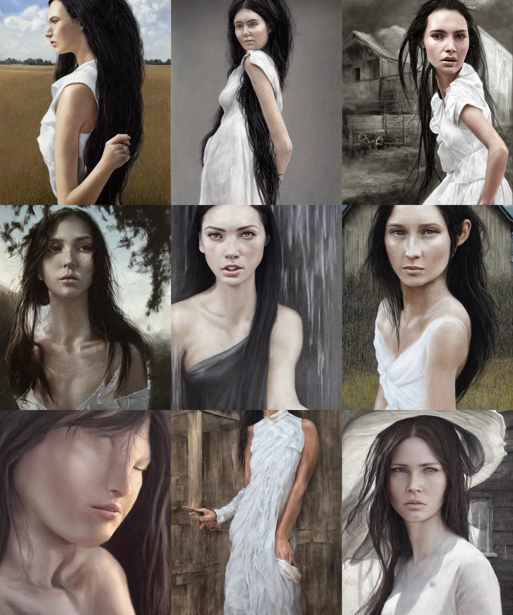 Image similar to hyper realistic detailed painting of a 2 5 years old woman in the shadow of a barn. beautiful face, white dress, long black hair, highly detailed, sharp focus, art by eddie mendoza, wide angle.