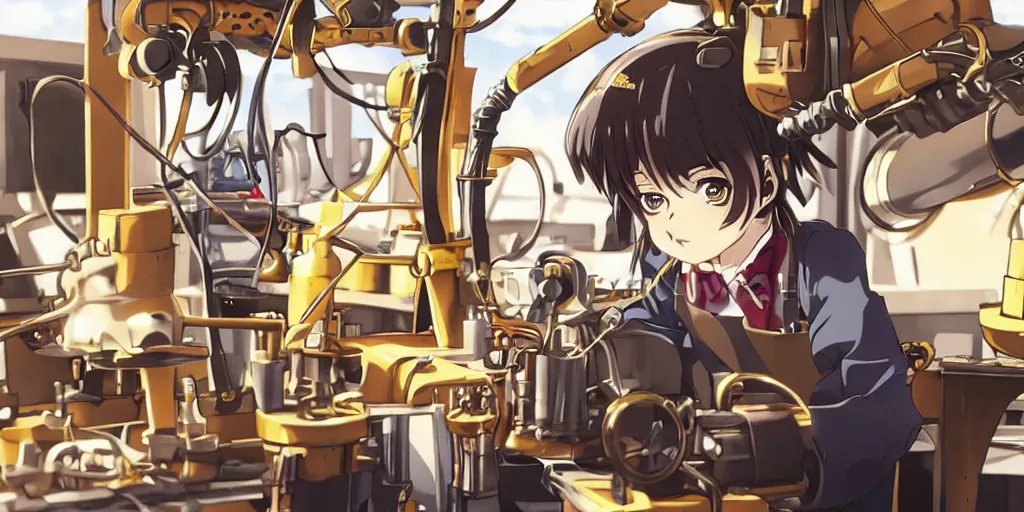 Image similar to Anime key visual of a steampunk girl welding metal in her workshop, official media