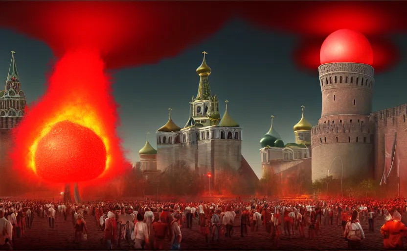 Image similar to nuclear explosion with realistic nuclear mushroom in Red Square Kremlin, cinematic shot, extremely high detail, photo realistic, cinematic lighting, post processed, artstation, matte painting, digital painting